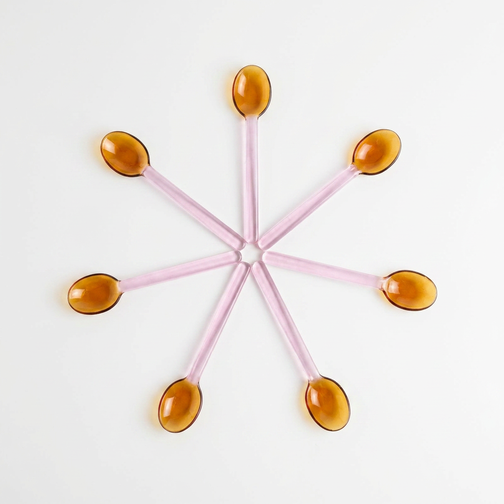Pink spoons with amber-colored ends arranged in a star pattern on a white background
