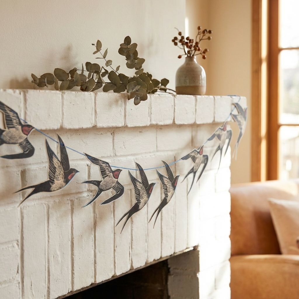 Angela Harding-Cornish Swallows Decorative Paper Garland. Decorative banner with bird pattern on a fireplace mantel with eucalyptus and a vase.