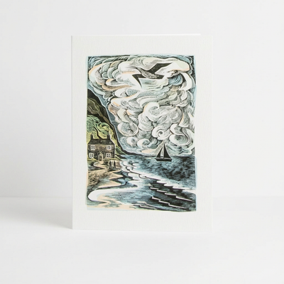 
                    
                      Art Angels Cornish Path & Curlew Cry Notecard, Angela Harding illustration: stormy coast, cottage & boat, front on white.
                    
                  