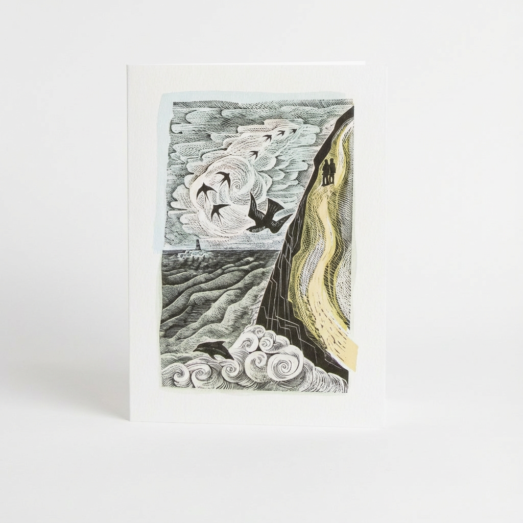 Angela Harding Cornish Path & Curlew Cry Notecards - Set of 10 cards. Artistic depiction of a coastal scene with waves and a path on a white background