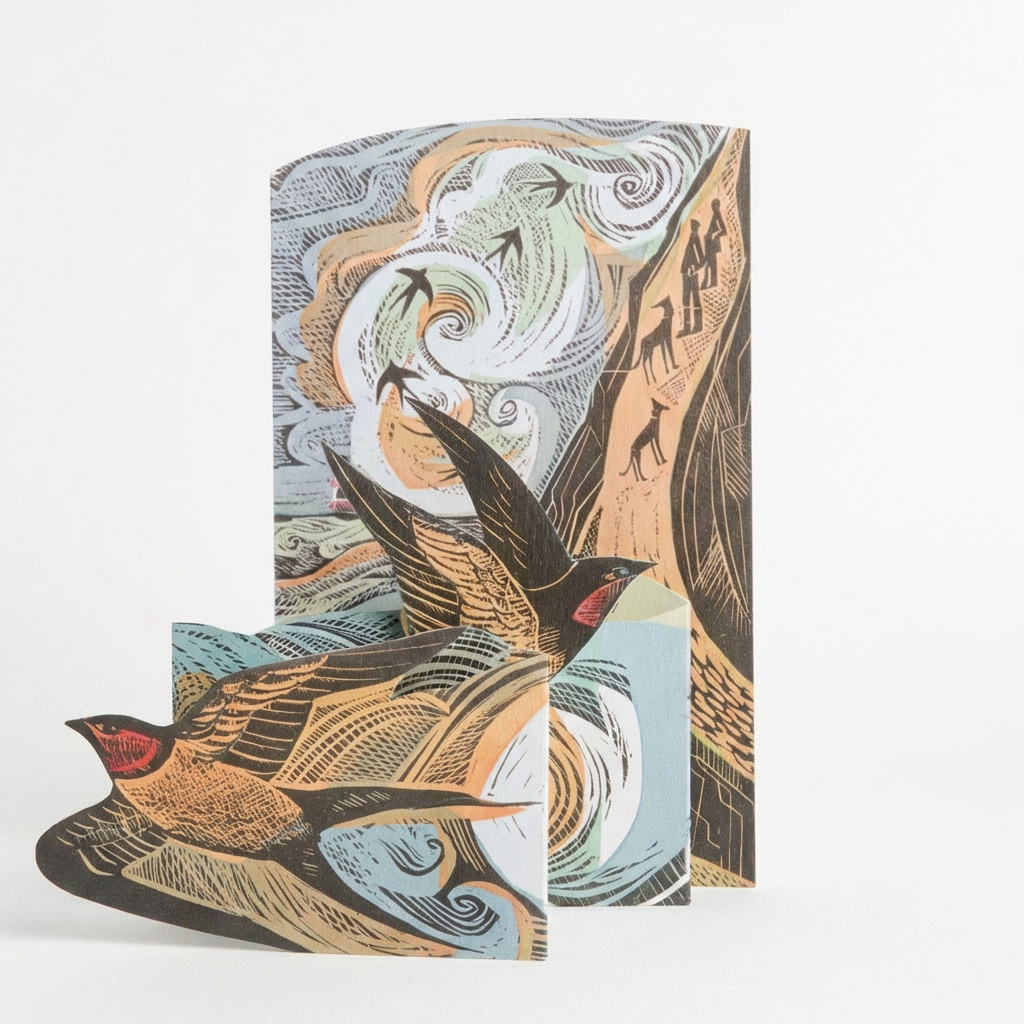 Cornish Swallows die-cut card, standing unfolded. Angela Harding illustration: layered swallows, abstract patterns in blues,…
