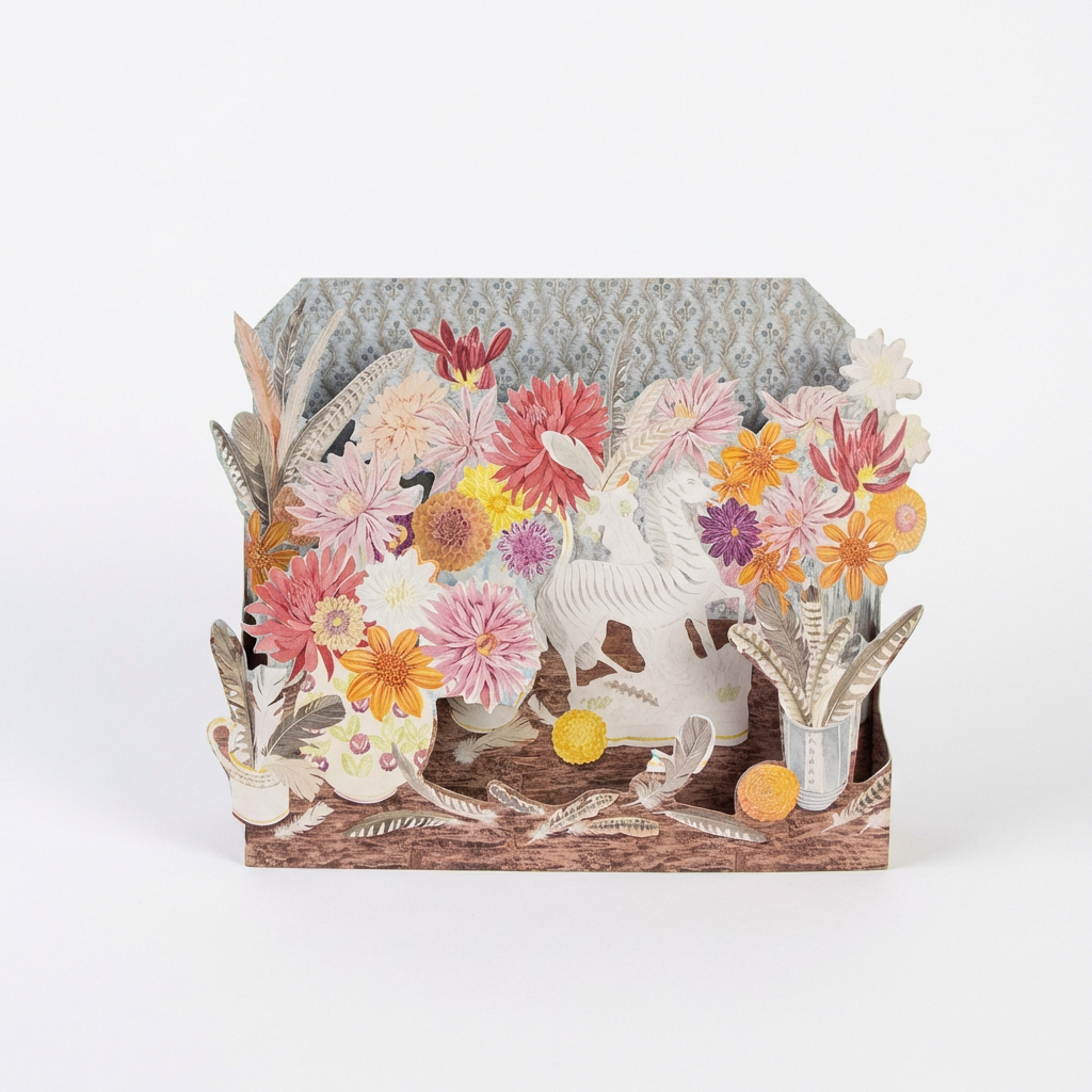 Zebra, Dahlias and Feathers die-cut card, FSC cardstock. Vibrant dahlias, colorful flowers, zebra, and feather pop-up scene,…