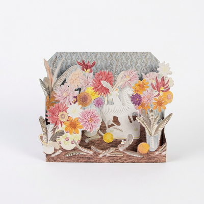
                    
                      Zebra, Dahlias and Feathers die-cut card, FSC cardstock. Vibrant dahlias, colorful flowers, zebra, and feather pop-up scene,…
                    
                  