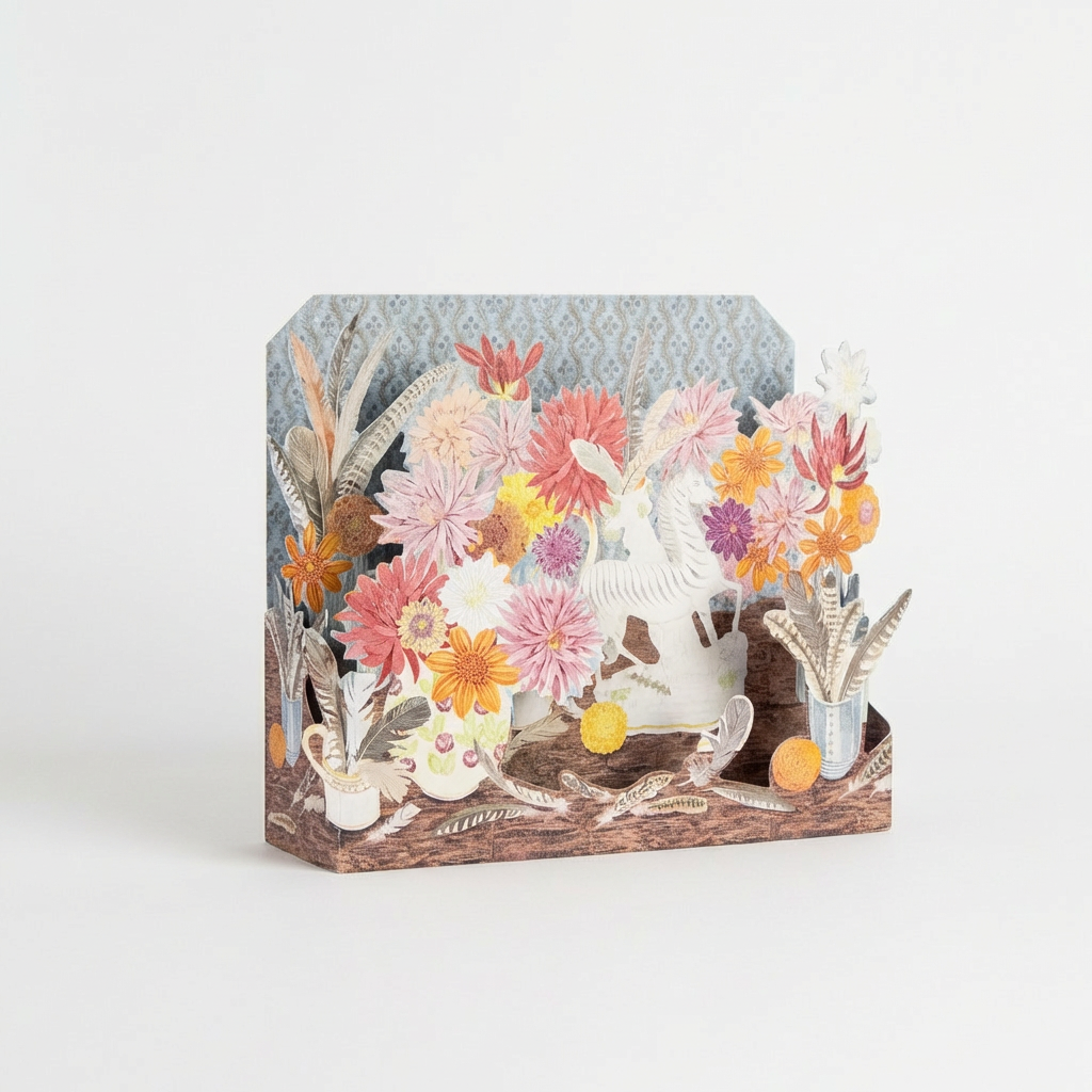 Art Angels Zebra, Dahlias and Feathers die-cut card, vibrant pop-up illustration of zebra among colorful flowers,…