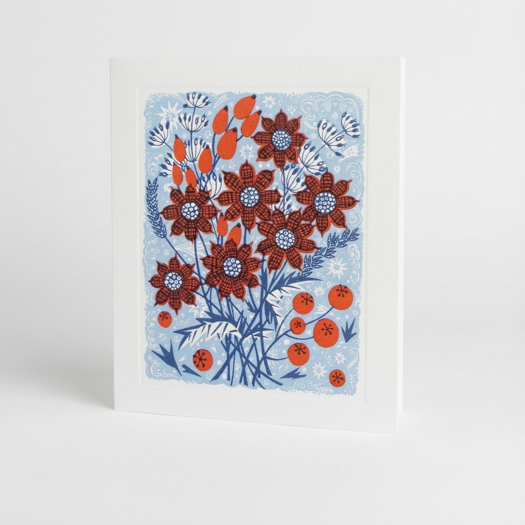 Angie Lewin Frost Flowers Greeting Card. Floral card with red flowers on a light blue background