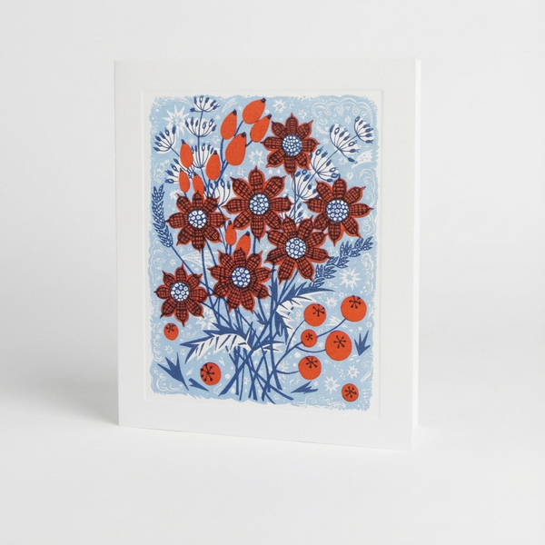 Art Angels Frost Flowers Debossed Greeting Card, red and blue floral illustration on matte cardstock, standing front view.