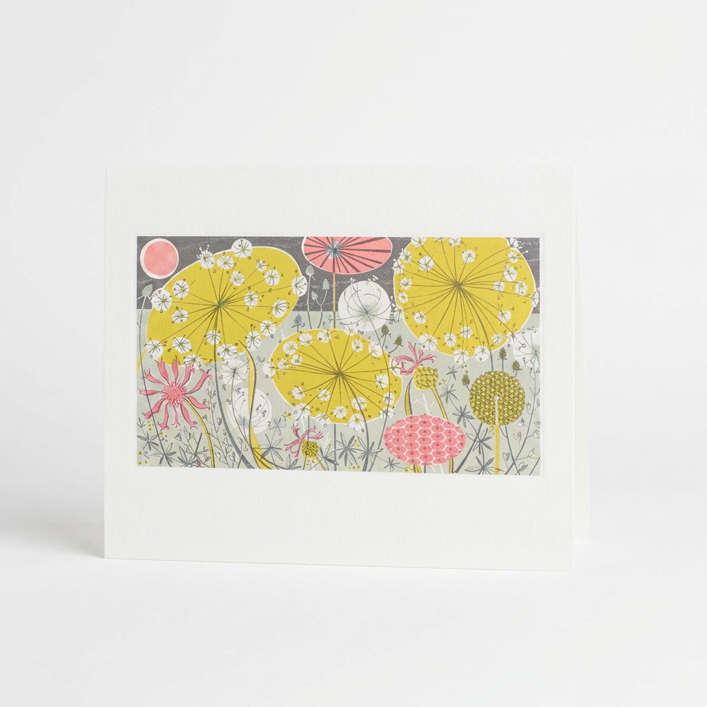 Art Angels Meadow II Debossed Greeting Card by Angie Lewin, yellow, pink, grey botanical illustration on matte felt board,…