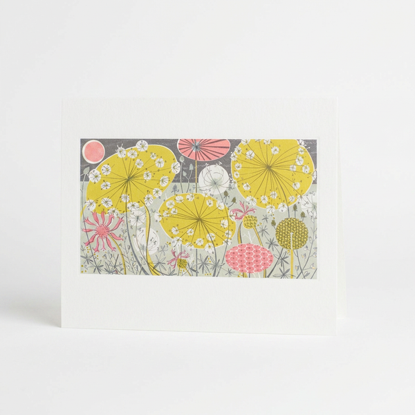 Art Angels Meadow II Debossed Greeting Card by Angie Lewin, yellow, pink, grey botanical illustration on matte felt board,…