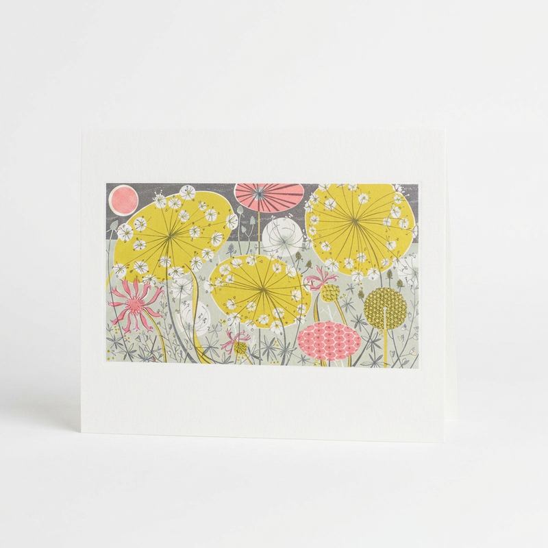 Art Angels Meadow II Debossed Greeting Card by Angie Lewin, yellow, pink, grey botanical illustration on matte felt board,…