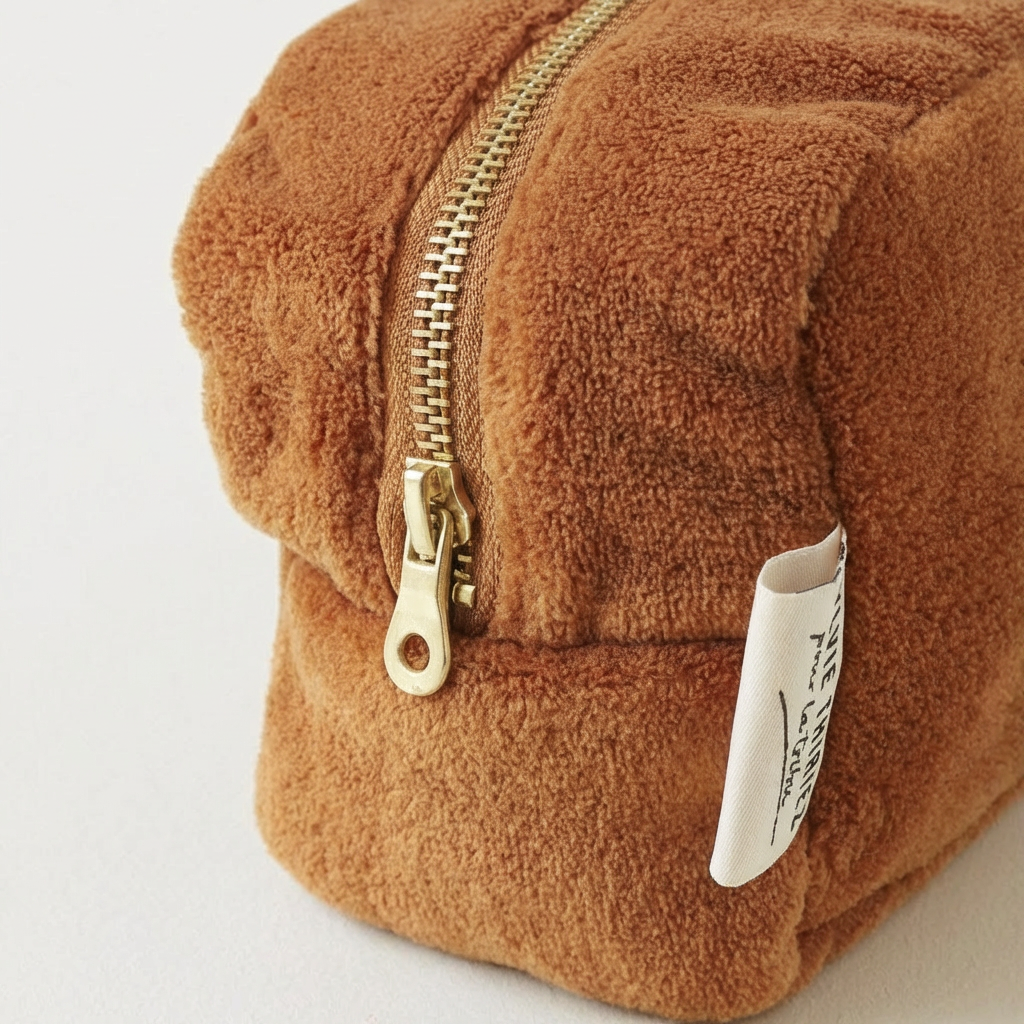 Après-Ski children's toiletry case, brown velvet fleece, close-up of brass zipper and Sylvie Thiriez fabric label.