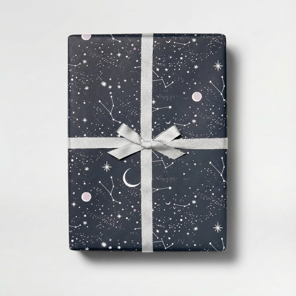 Moon and Stars wrapping paper, dark blue with white constellations and moons, on a gift box tied with a silver ribbon.
