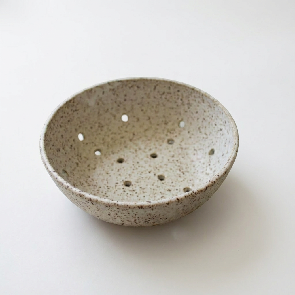 Katie + Kin Hand-Thrown Ceramic Colander, speckled light beige ceramic, angled view, interior with drain holes, on white.