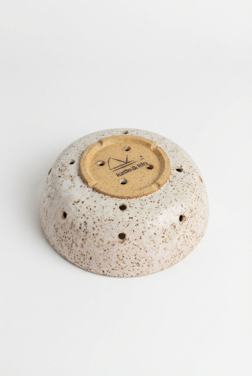 Katie + Kin Hand-Thrown Ceramic Colander, speckled white, underside view showing unglazed earthenware base with brand logo…