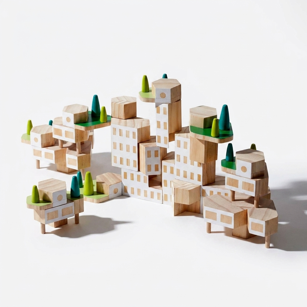Areaware Blockitecture Garden City building blocks, pine white windows, green/blue trees, cityscape on white.