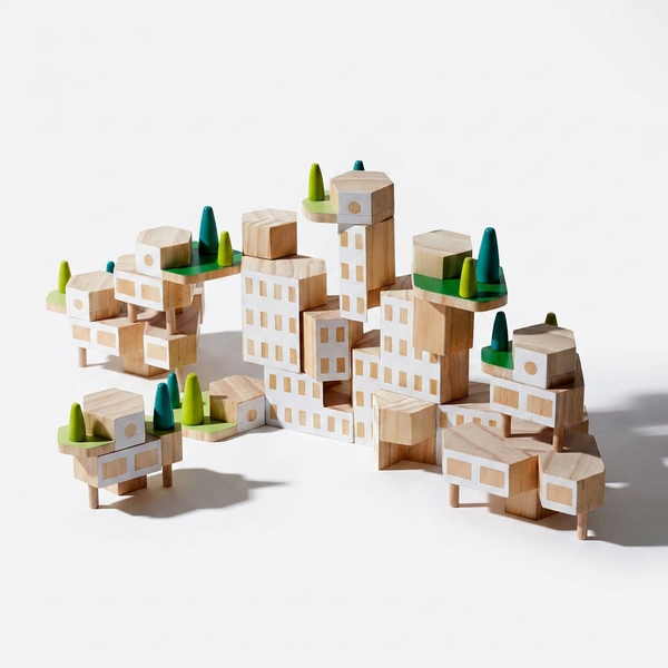 Areaware Blockitecture Garden City building blocks, pine white windows, green/blue trees, cityscape on white.
