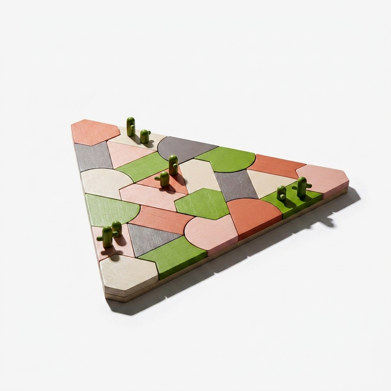 Areaware Blockitecture Desert Garden building blocks. Colorful wood desert puzzle with green cactus pegs. Angled view on…