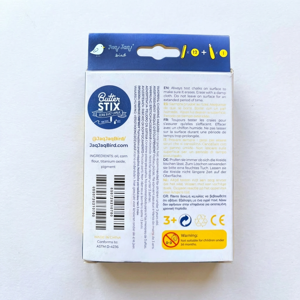 Jaq Jaq Bird Butterstix Dustless Chalk (12 Pcs) box, back view with ingredients list and multilingual warning text.