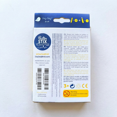 
                    
                      Jaq Jaq Bird Butterstix Dustless Chalk (12 Pcs) box, back view with ingredients list and multilingual warning text.
                    
                  