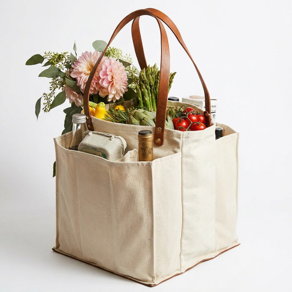CapaBunga® Multi-Pocket Canvas Market Tote studio product photo hanging from a wooden wall hook on a neutral off-white…