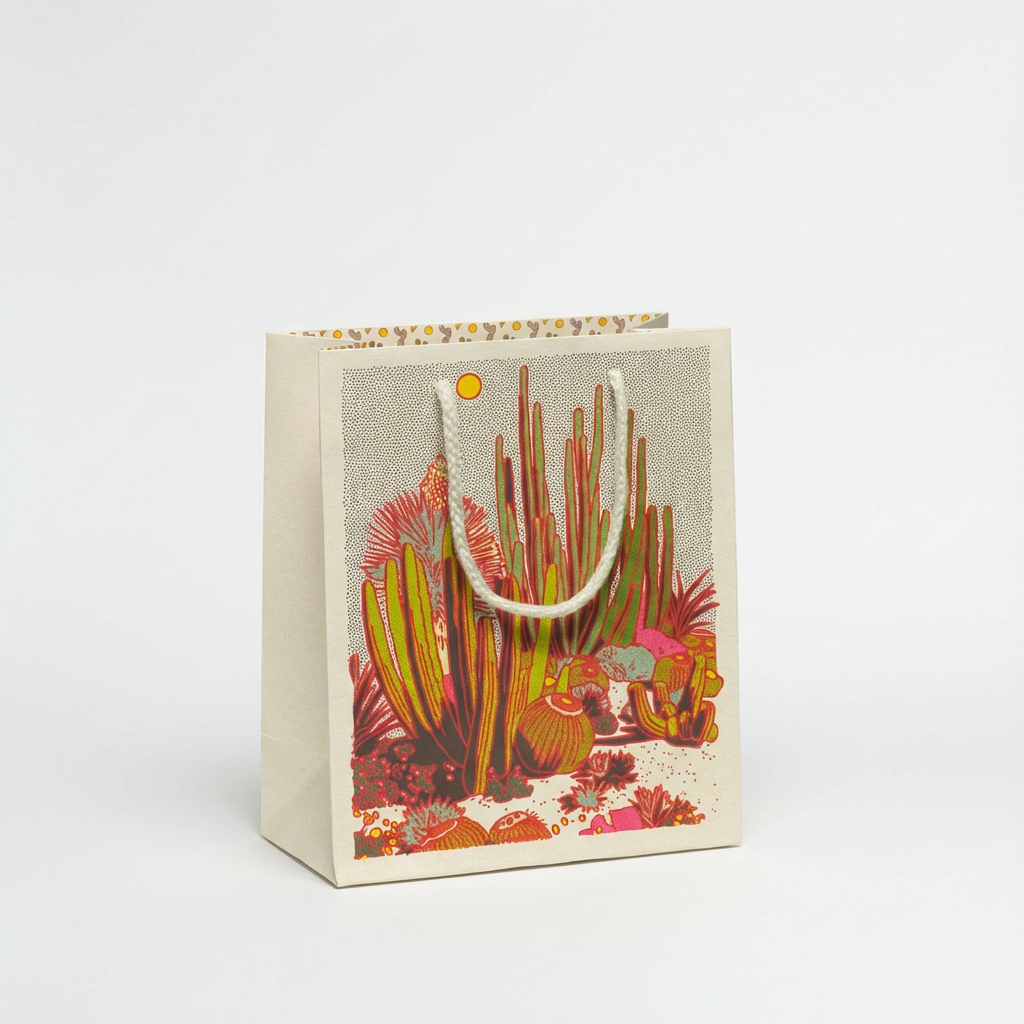 Red Cap Cards Cactus Scene gift bag, red, green, yellow, pink cactus design on light paper, white rope handles, front view.