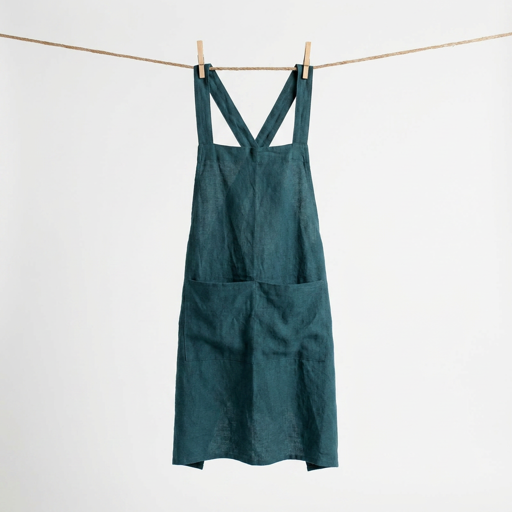 Cross Back Apron, deep teal 100% cotton, hanging full length on a clothesline with visible pockets.