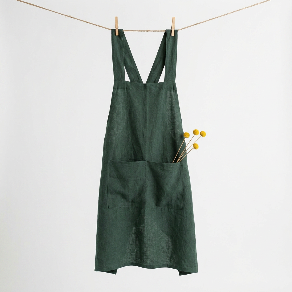 Dark green 100% cotton Cross Back Apron hanging by clothespins on a rope, full front view, yellow dried flowers in pocket.