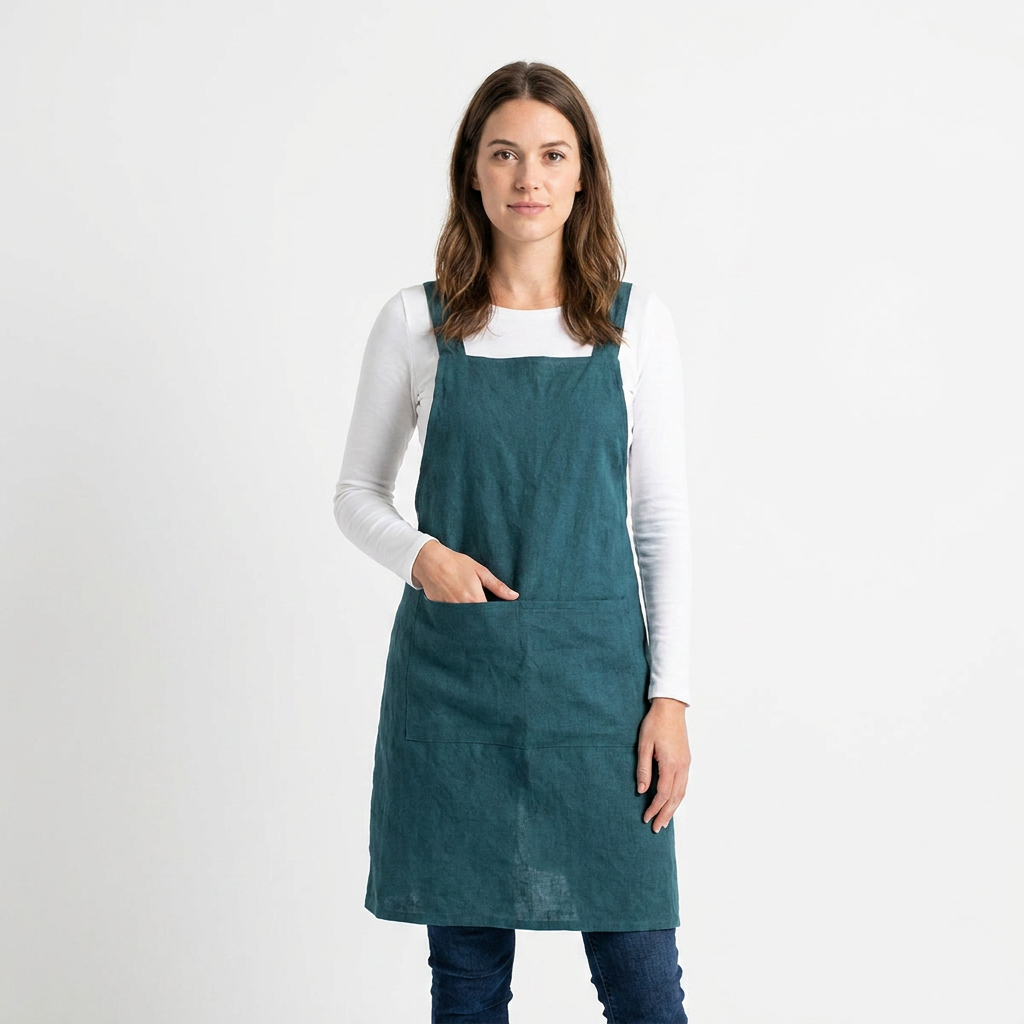 Cate Paper Co. 100% Cotton Cross Back Apron, dark teal, front view on model with hand in pocket