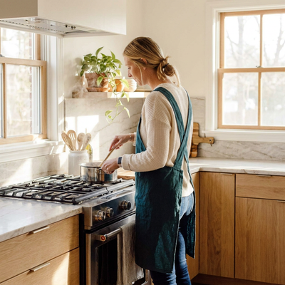 
                    
                      100% Cotton Cross Back Apron in dark teal, worn by a woman cooking, side view highlighting cross-back strap design.
                    
                  