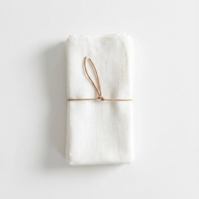 Celina Mancurti Heirloom Linen Napkins, set of 4, natural off-white 100% linen, tied with brown leather cord, flat lay.