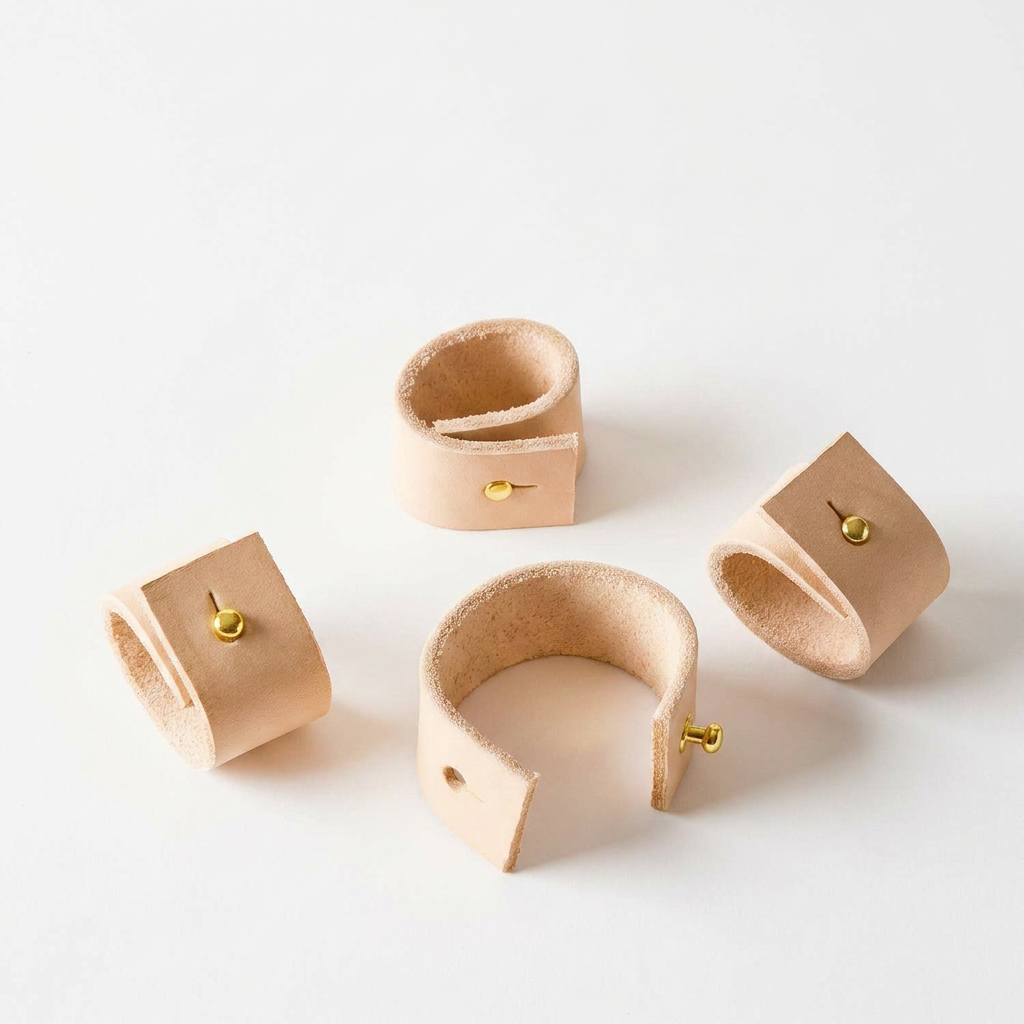 Celina Mancurti Tan Leather Napkin Rings, set of four, with brass stud closures, angled view on white.