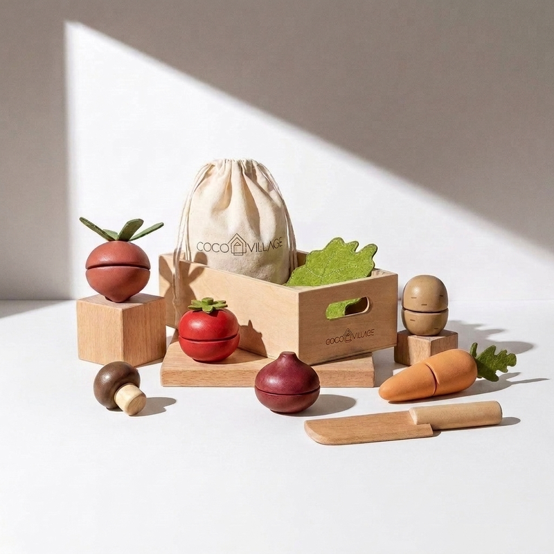 Coco Village Wooden Vegetables Playset: wood & green felt carrot, tomato, beet, onion, mushroom, knife, crate, bag