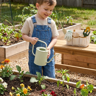 
                    
                      Child uses Gardening Tools Playset: light green watering can, yellow trowel, green rake, gloves in canvas tote.
                    
                  