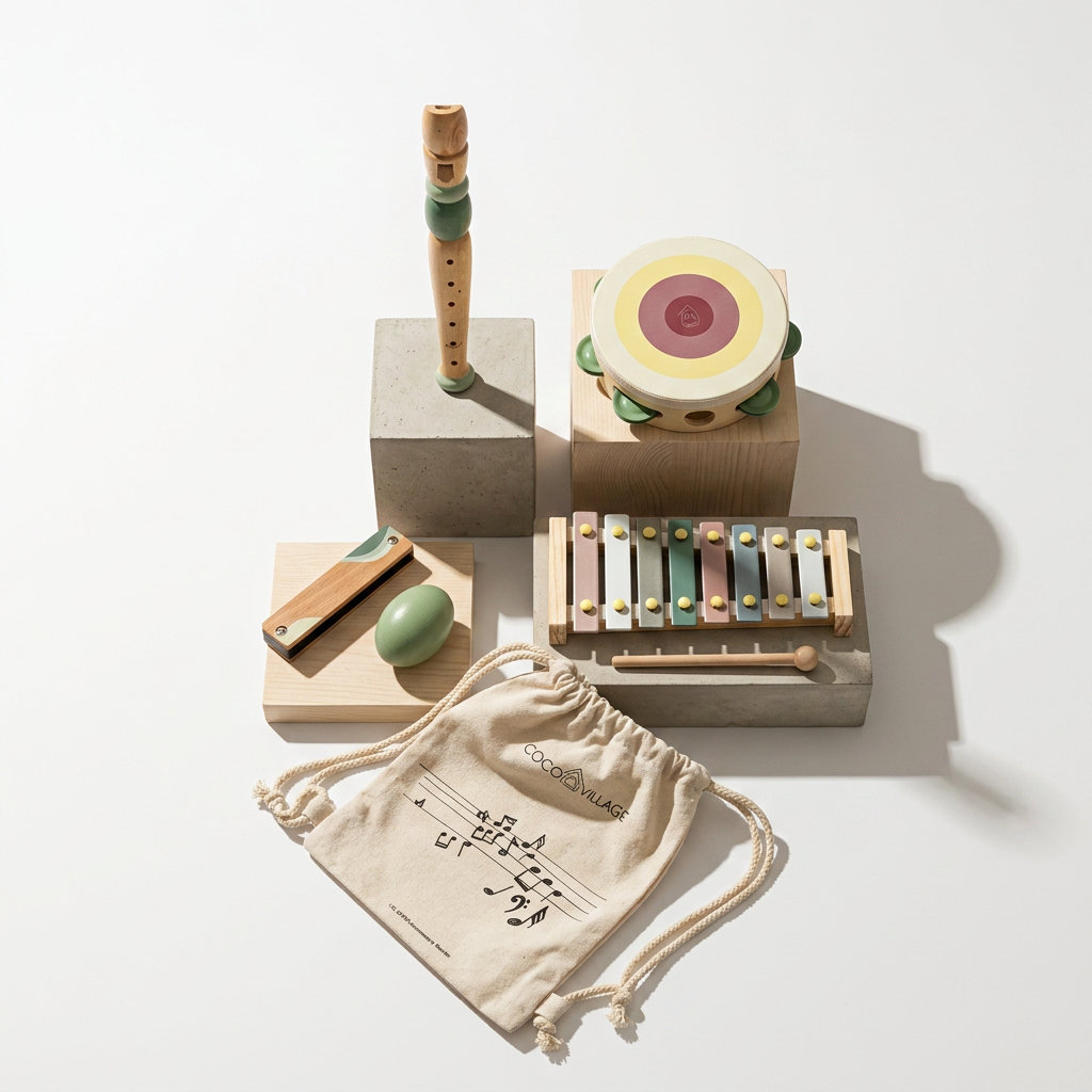 Coco Village Wooden Musical Instruments Playset. Overhead flat lay of wood flute, pastel xylophone, tambourine, harmonica,…