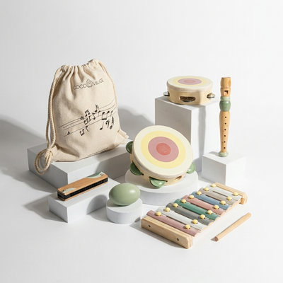 
                    
                      Wooden Musical Instruments Playset: pastel xylophone, two green-rimmed tambourines, flute, harmonica, and canvas music bag,…
                    
                  