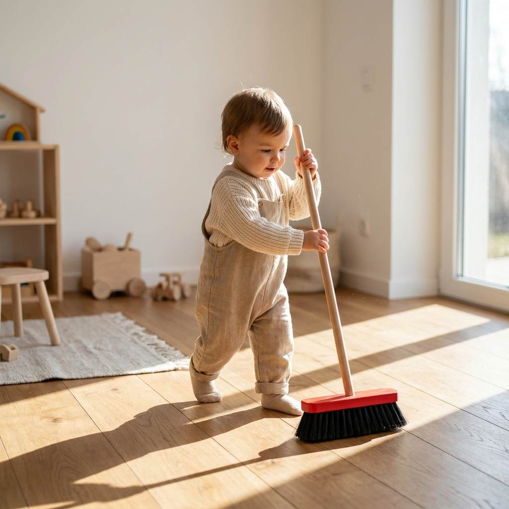 Pretend Play Broom Red & Black, wood handle, black natural bristles, shown in use by a toddler.