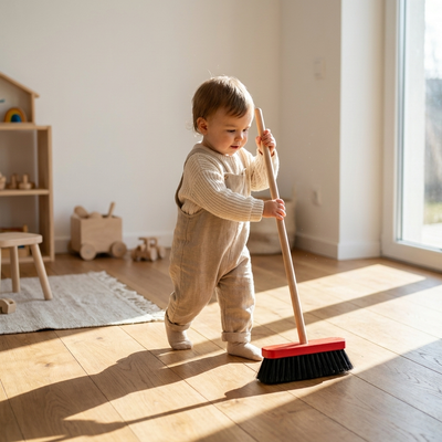 
                    
                      Pretend Play Broom Red & Black, wood handle, black natural bristles, shown in use by a toddler.
                    
                  