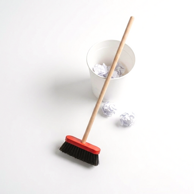 
                    
                      Egmont Pretend Play Broom, Red & Black, with wood handle and black bristles, angled view next to white trash bin with…
                    
                  