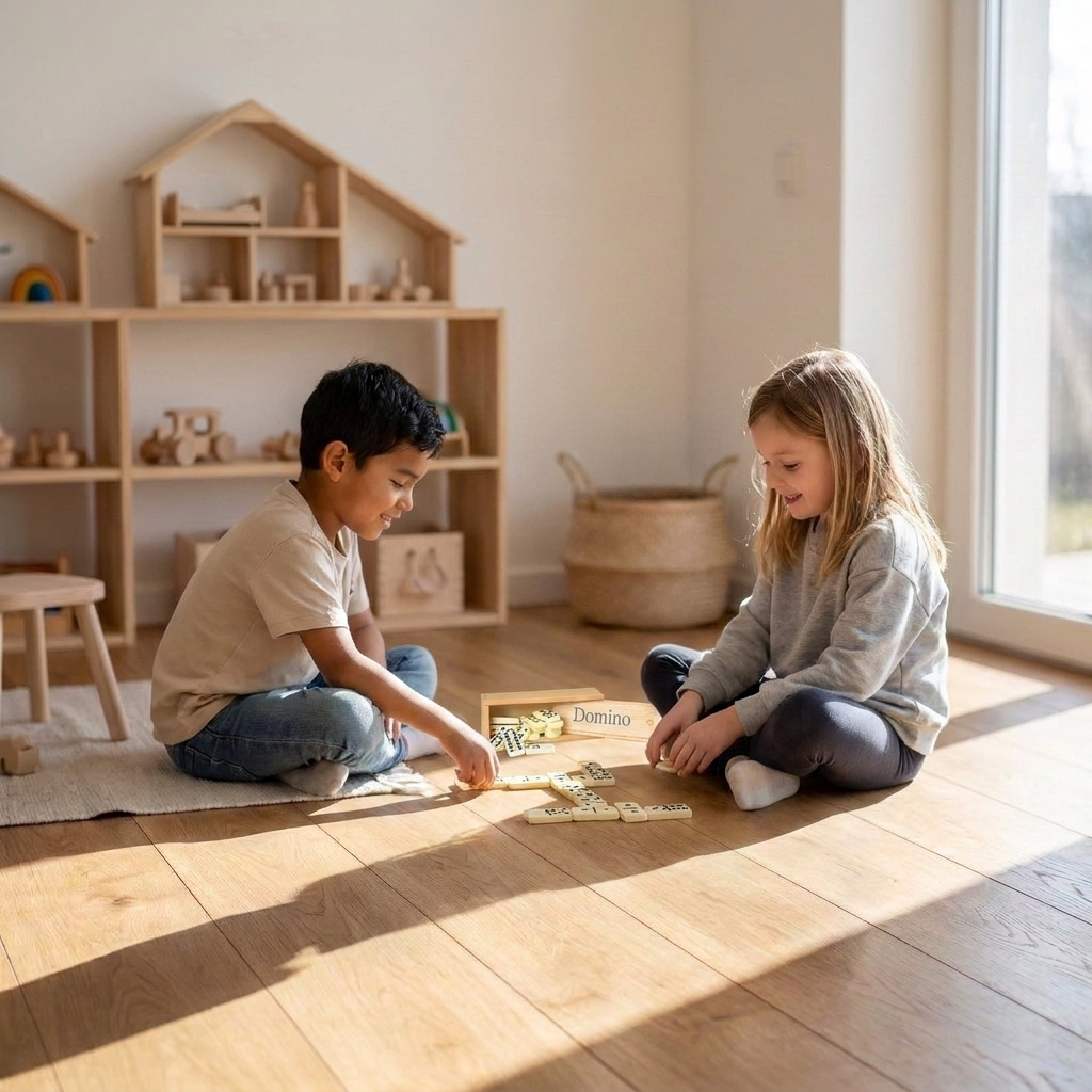 Dominos Game Set, wood, two children playing on a wooden floor with light domino pieces in play
