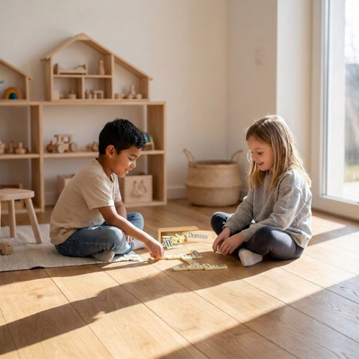 
                    
                      Dominos Game Set, wood, two children playing on a wooden floor with light domino pieces in play
                    
                  