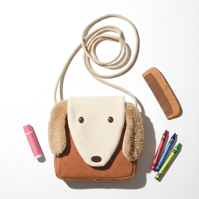 
                    
                      Egmont Dog Handbag kids' handbag, beige padded cotton face and brown sherpa body, flat lay with comb and crayons for scale.
                    
                  