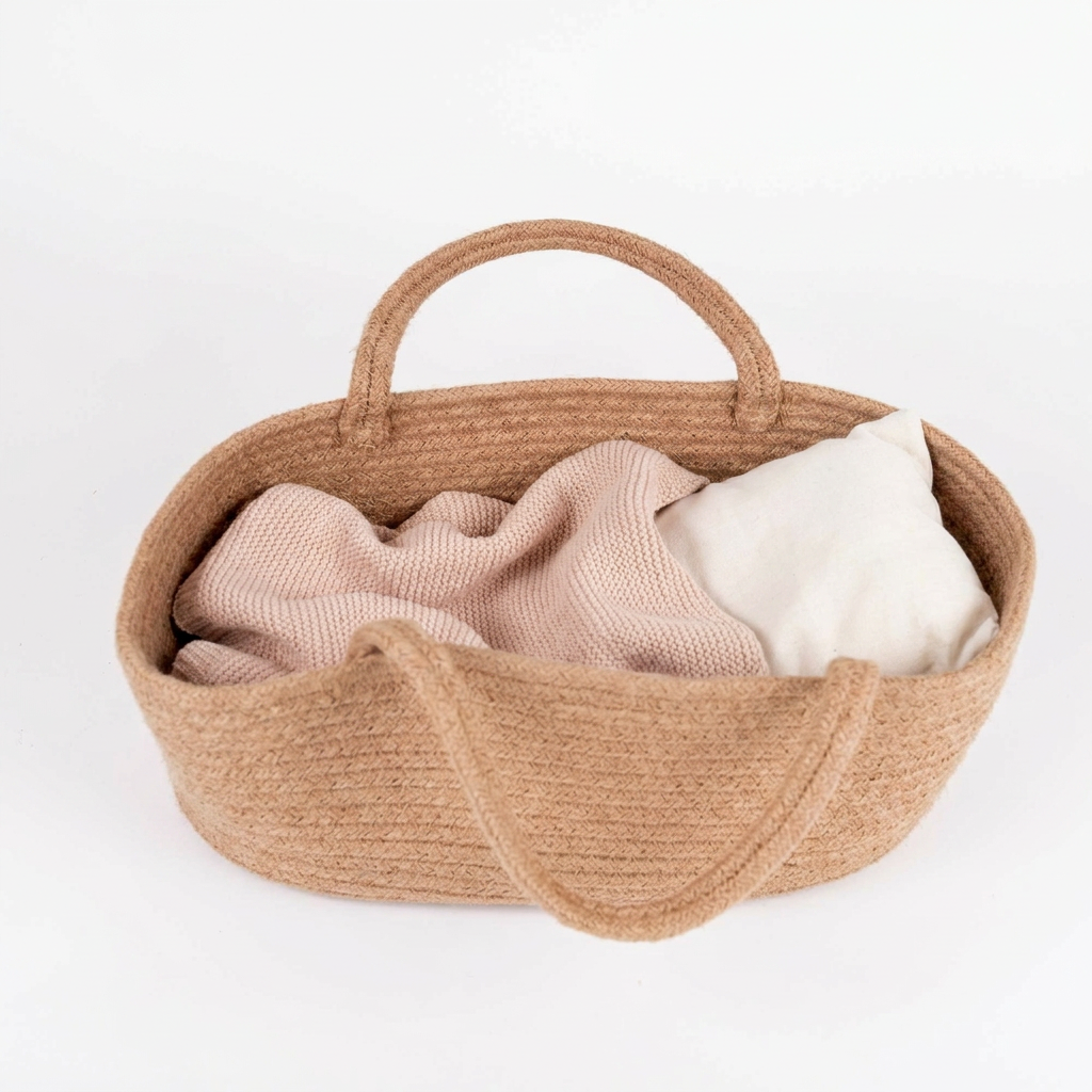 Rope Carrycot, natural hemp rope basket with light pink knitted cotton blanket and white cotton pillow, angled interior view.