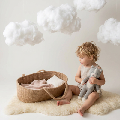 
                    
                      Rope Carrycot, natural hemp, with cotton pink blanket and white pillow, child and doll showing scale.
                    
                  