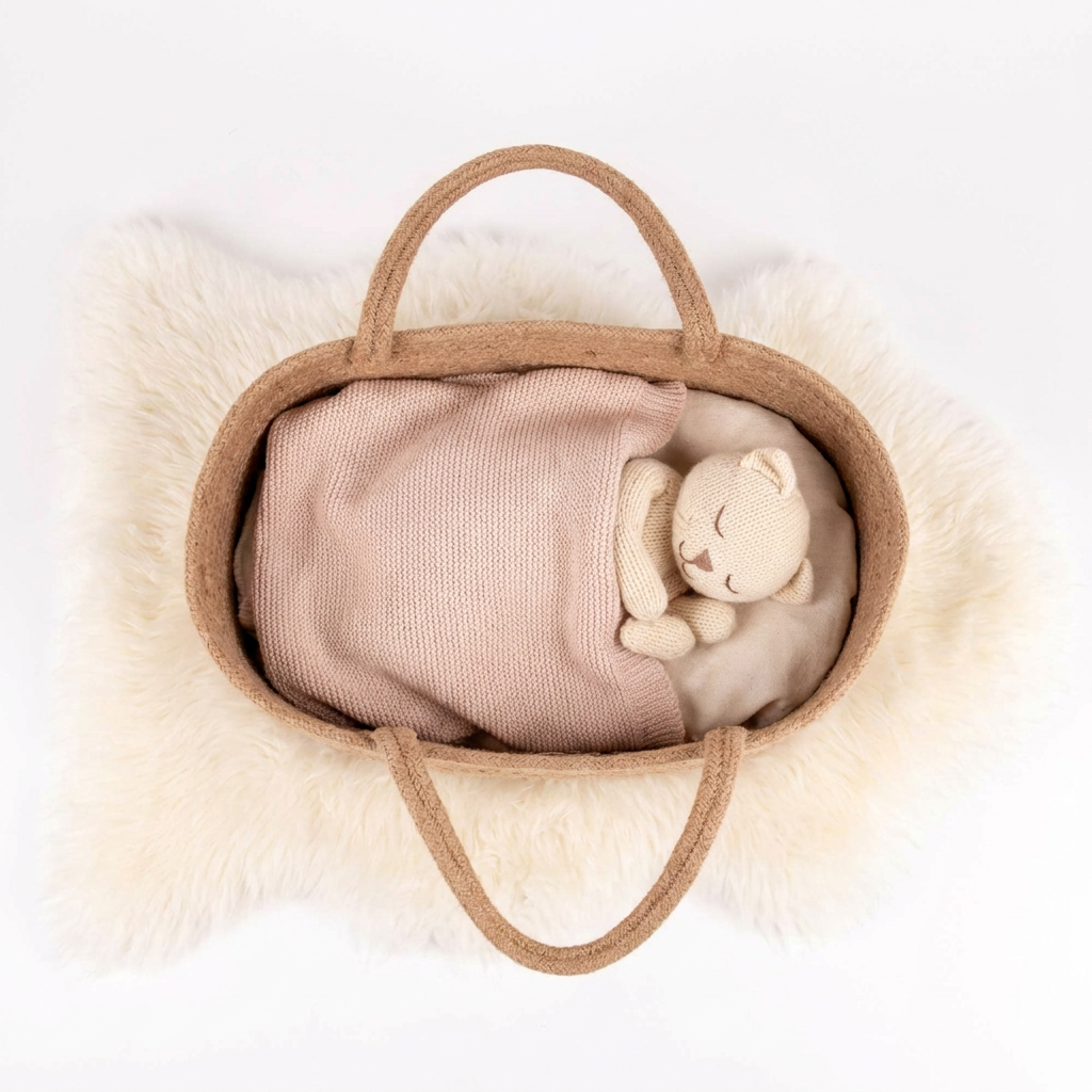 Rope Carrycot with Bedding, natural hemp basket, pink knit blanket, beige cotton liner, with sleeping knit teddy bear, top…