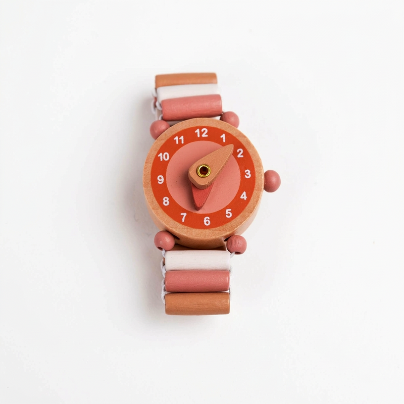 Egmont Wooden Watch Emma, natural wood with salmon pink face and white numbers. Segmented strap in pink, white, and natural…