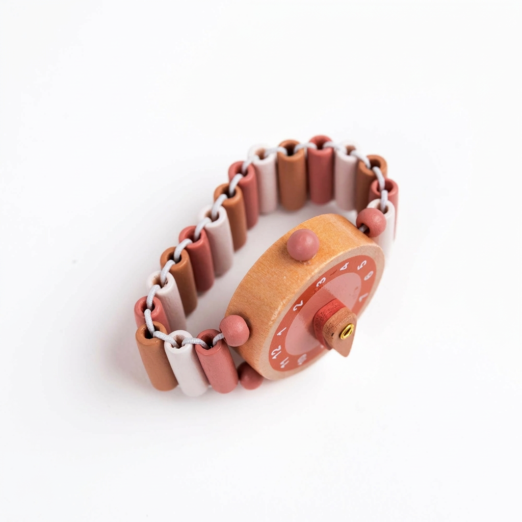 Wooden Watch Emma, natural wood face with pink dial, elastic strap of pink, terracotta, and white cylindrical beads, flat…