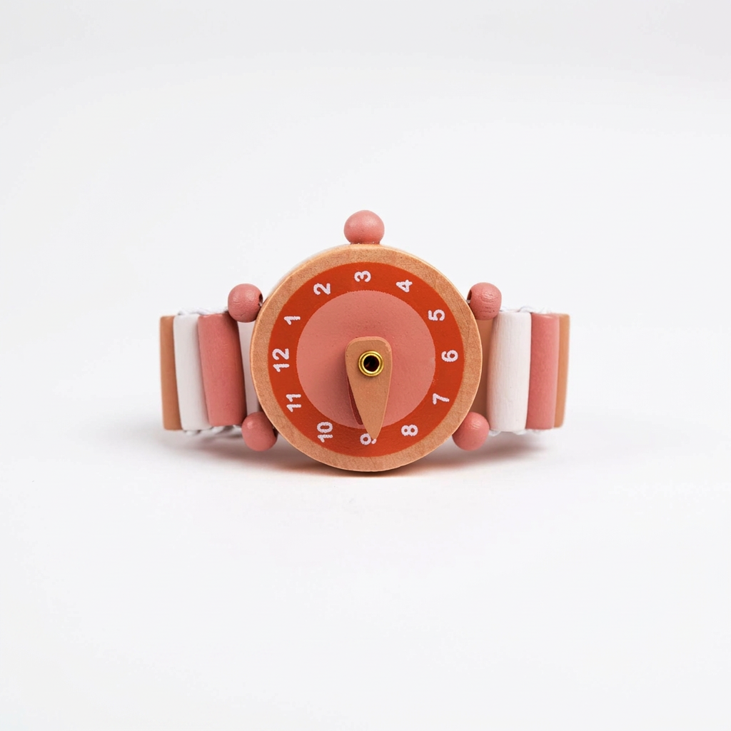 Emma wooden toy watch, natural wood face, pink dial, white and pink segmented elastic band detail, front view.