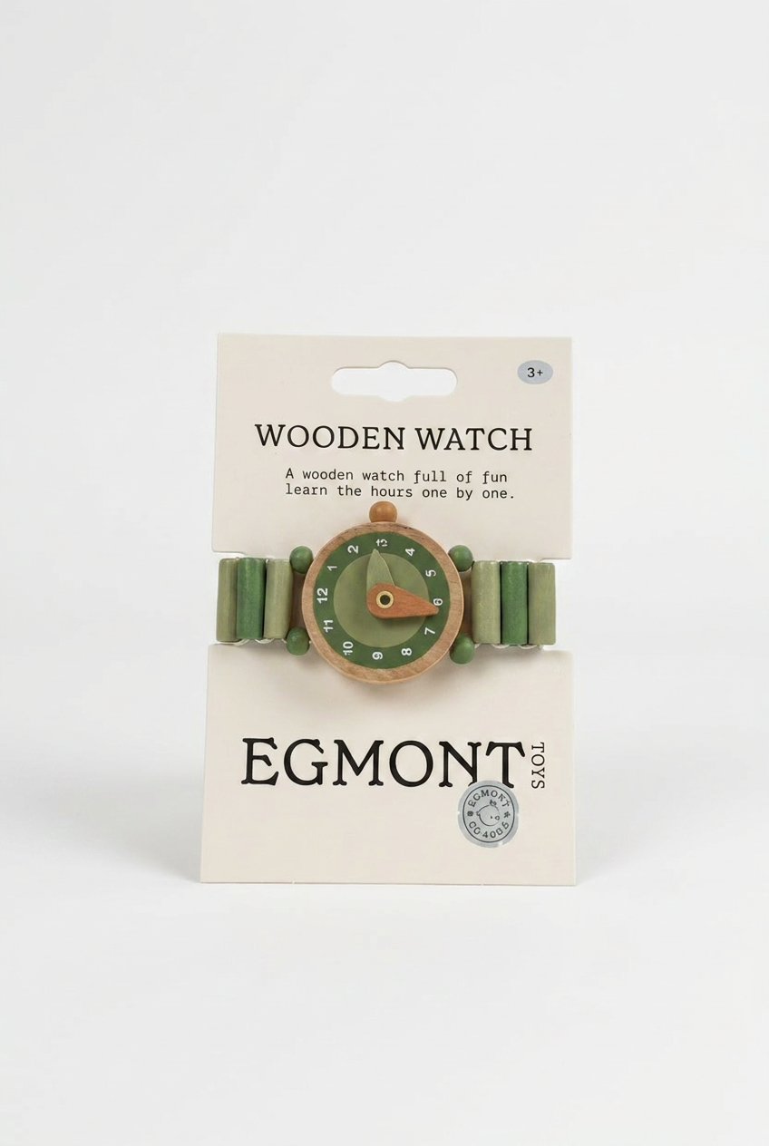 Green wooden watch on Egmont packaging with a white background