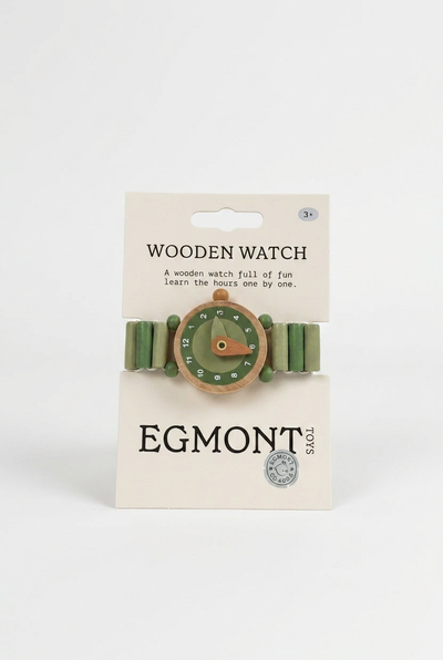 
                    
                      Green wooden watch on Egmont packaging with a white background
                    
                  