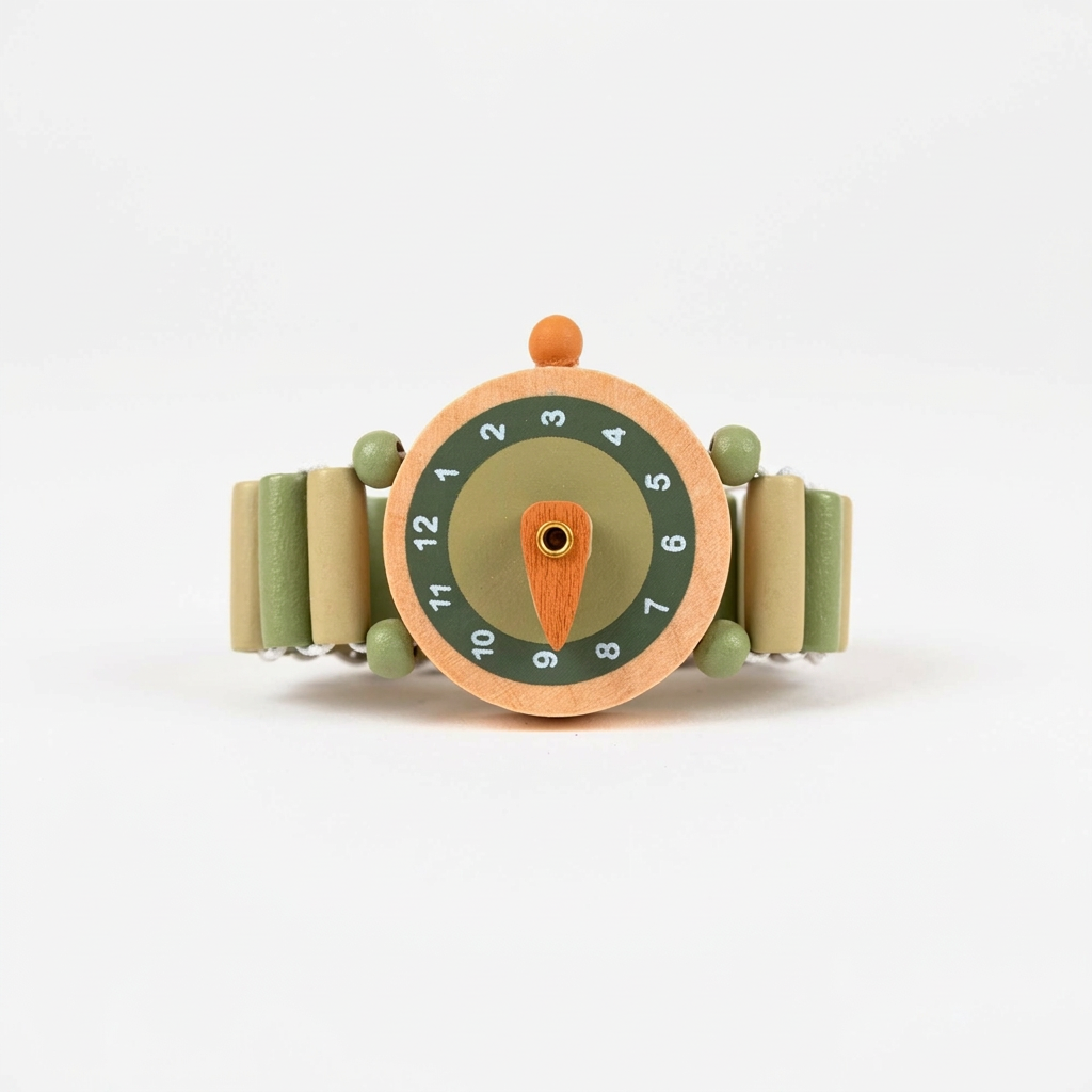 Wooden Watch Raph, natural wood face with dark green dial and orange hands. Tan and green wooden bead strap, front view.