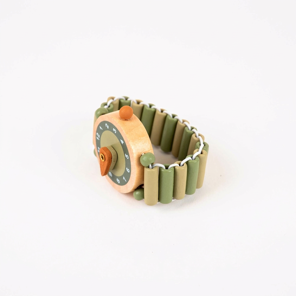 Wooden Watch Raph, natural wood face with green numbers, olive green and tan wood beads on elastic strap, angled coiled view.